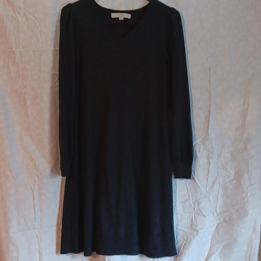 Loft woman's XS Petite knit dark gray sweater dress V-neck
